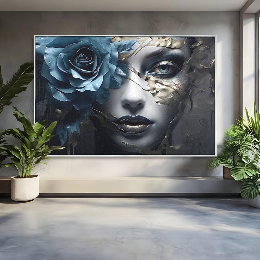 Tablou canvas cu tablou canvas cu chip de femeie si trandafir albastru, in rama de aluminiu argintiu